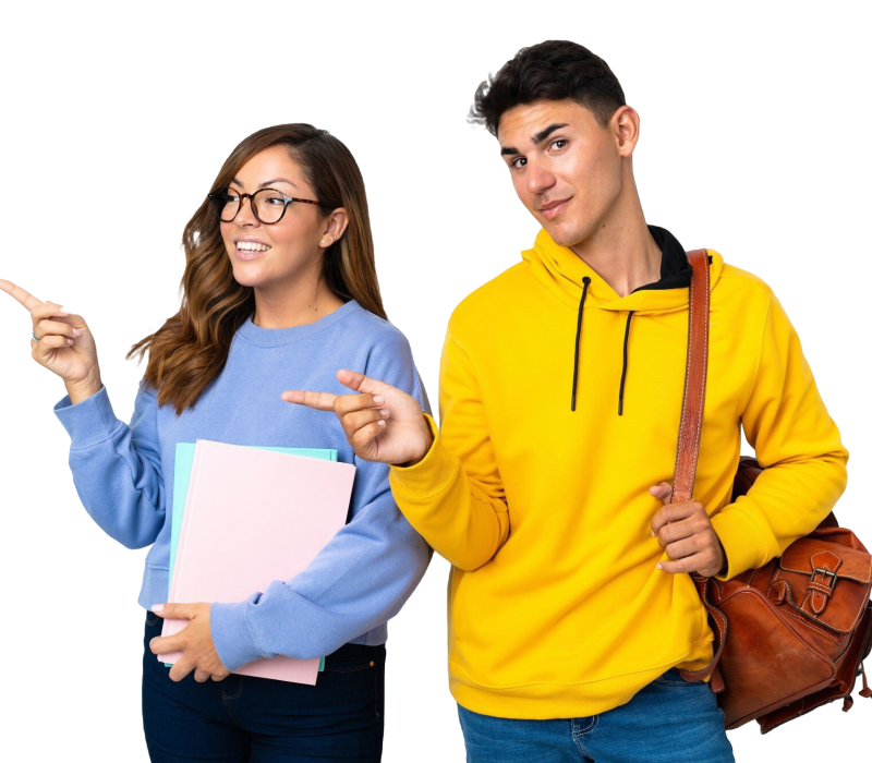 young-student-couple-white-pointing-finger-side-lateral-position